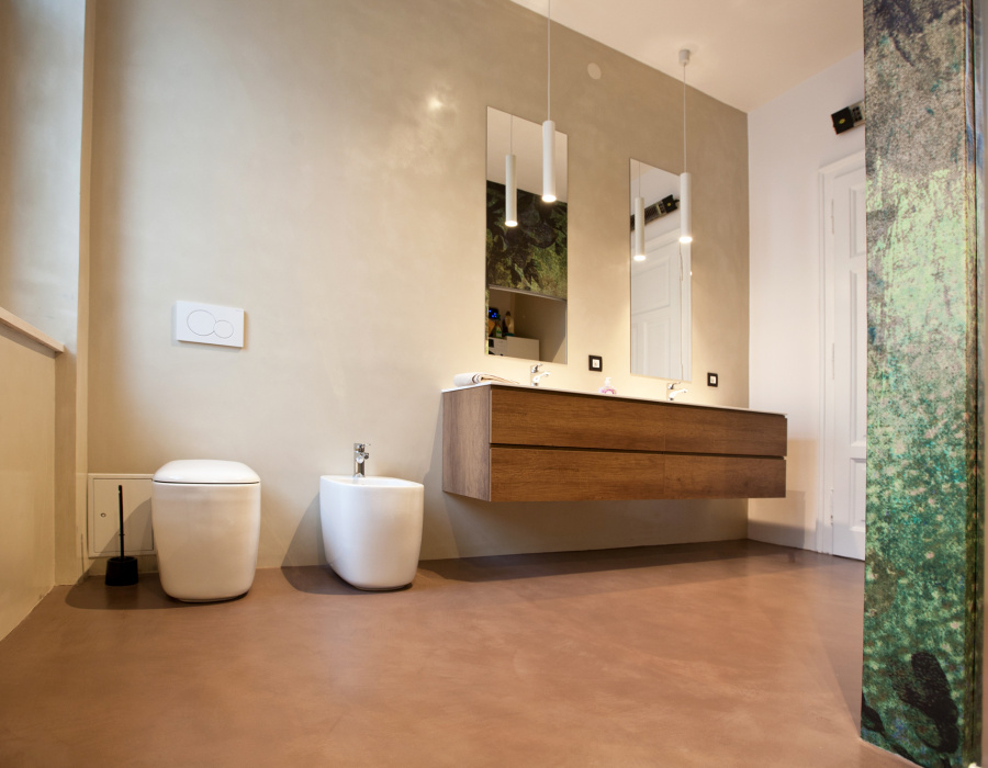 Microverlay®, low thickness concrete resin floor autumn brown finish. Private villa, Rijeka, Croatia